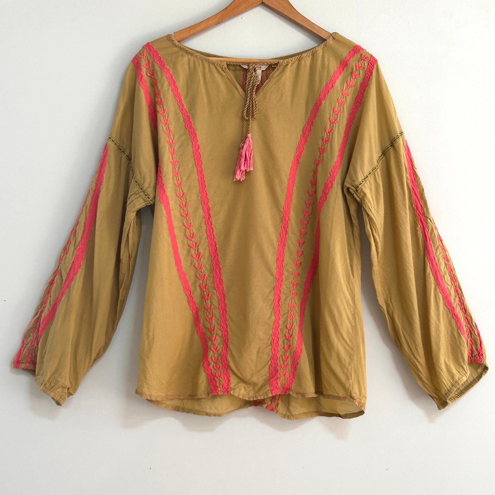 Sundance Embroidered Peasant Blouse M Mustard Pink Boho Tassel Cotton Lyocell